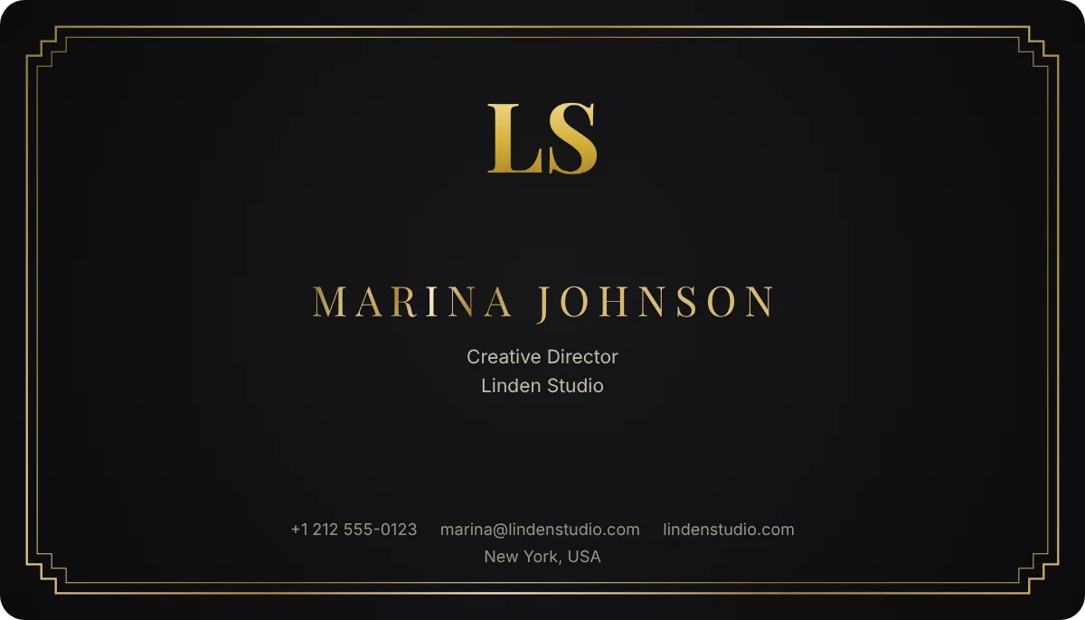 Atelier business card design, front: black with a gold stepped frame