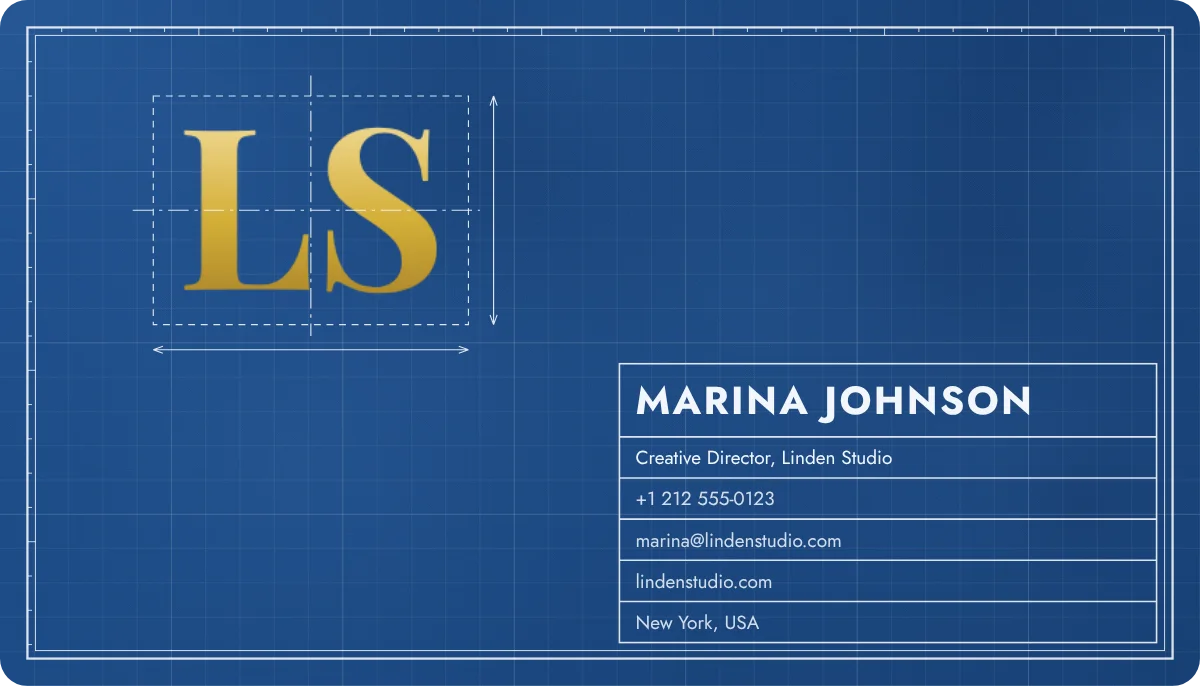 Blueprint business card design, front: cyanotype blue, drawn like a plan
