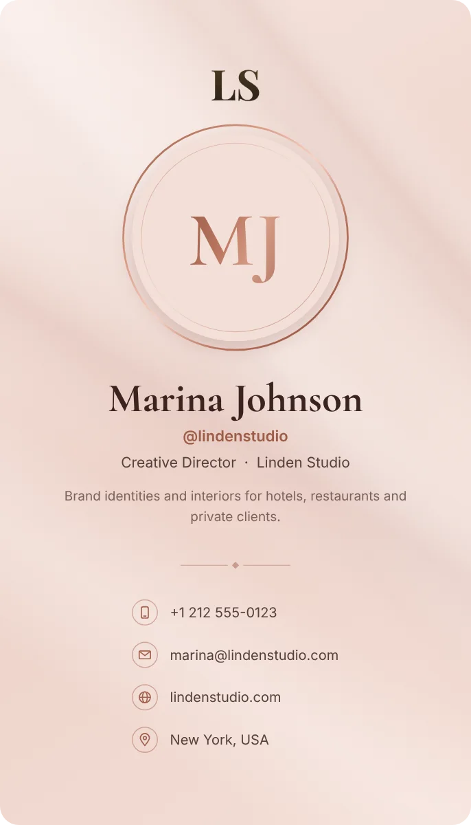 Blush Profile business card design, front: blush silk and rose gold