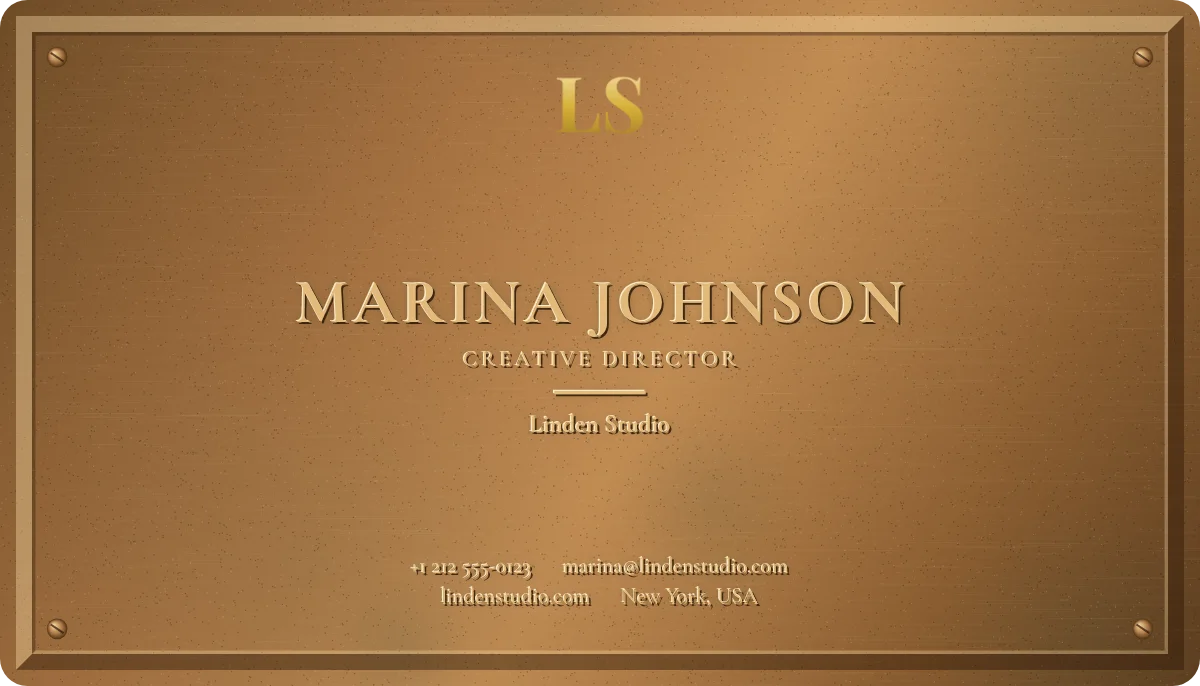 Bronze business card design, front: cast bronze plaque, raised letters