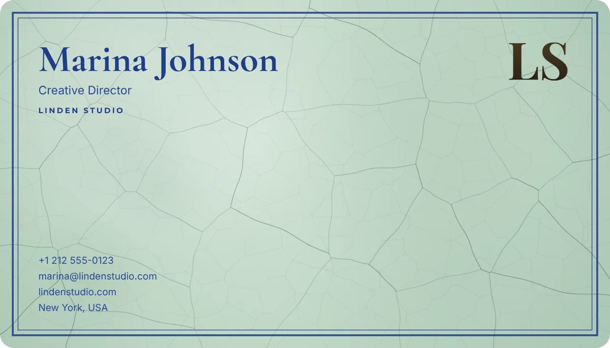 Celadon business card design, front: crackled celadon glaze, cobalt ink