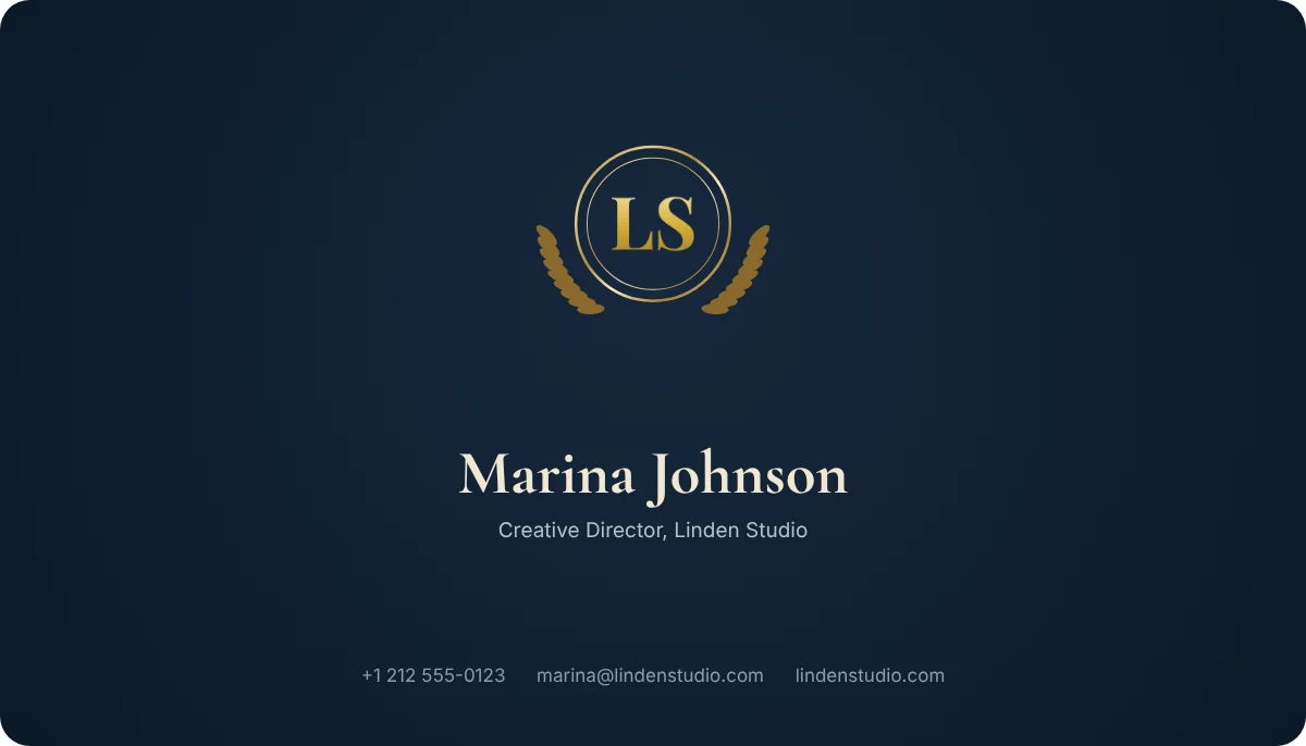 Crest business card design, front: midnight navy with a gold seal