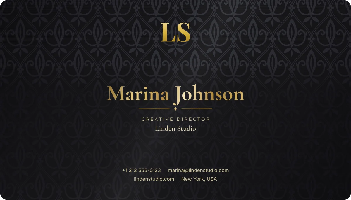Damask business card design, front: black silk damask, gold foil