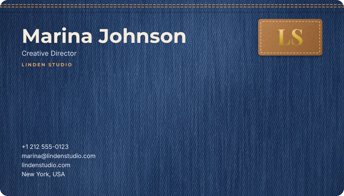 Denim business card design, front: indigo denim with a leather patch
