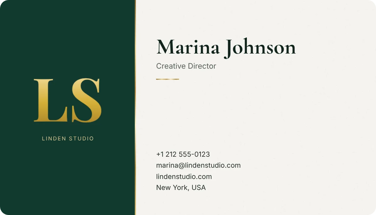 Duplex business card design, front: two papers, bottle green and white