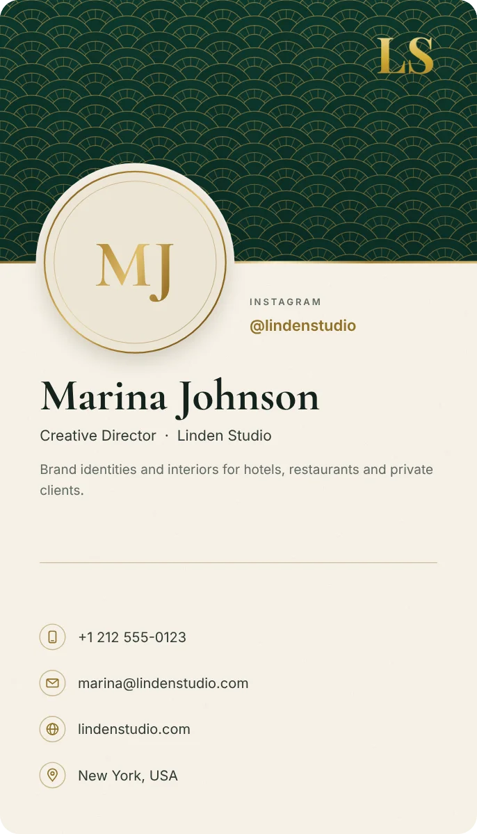 Emerald Banner business card design, front: an emerald art deco band, ivory card