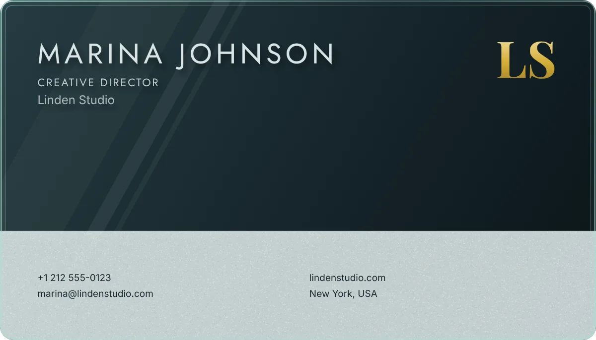 Frost business card design, front: glass with etched, frosted lettering