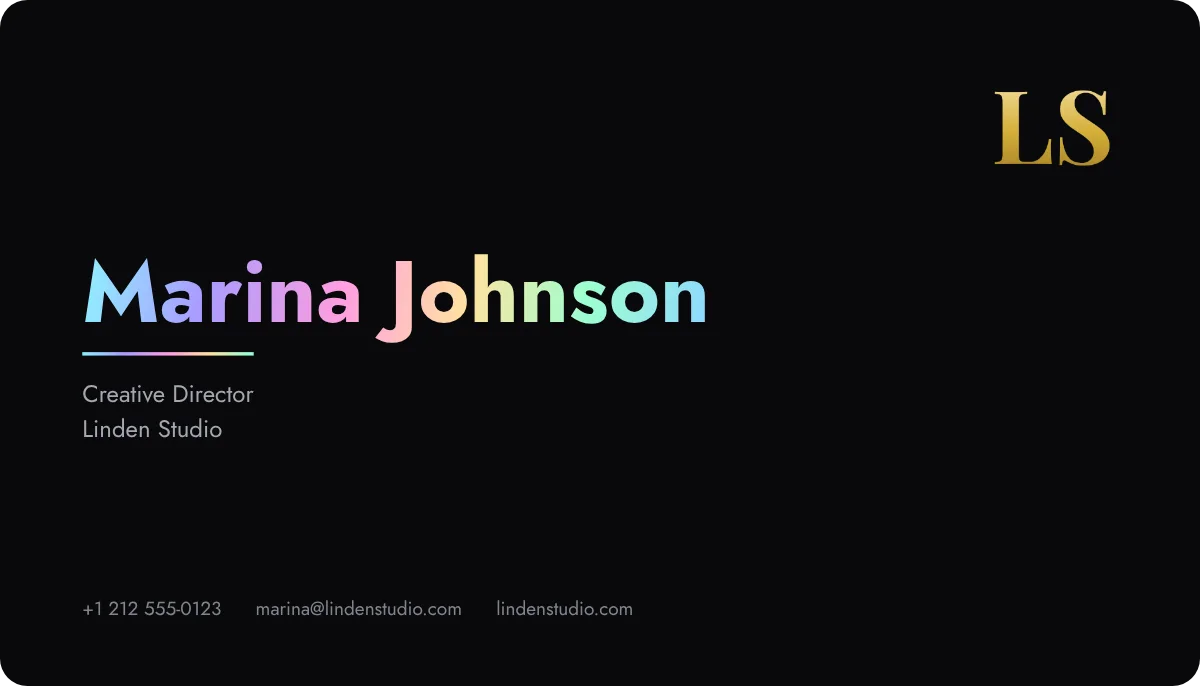 Holo business card design, front: matte black, iridescent foil name