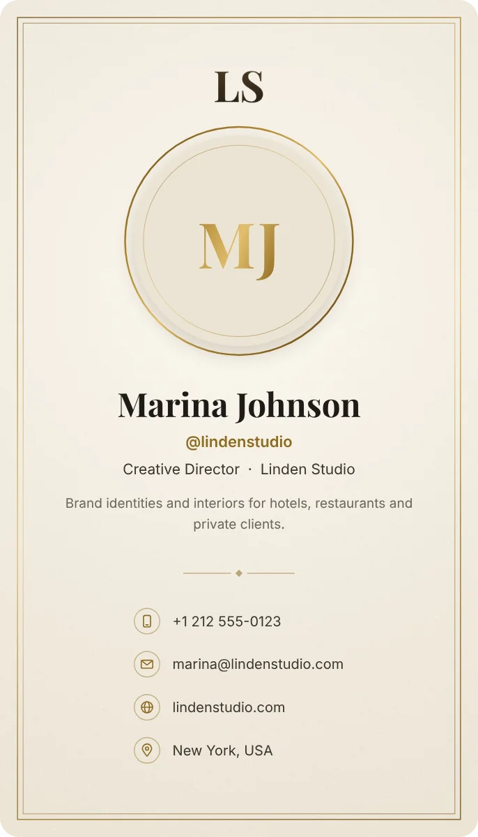 Ivory Profile business card design, front: cotton paper, ink and antique gold