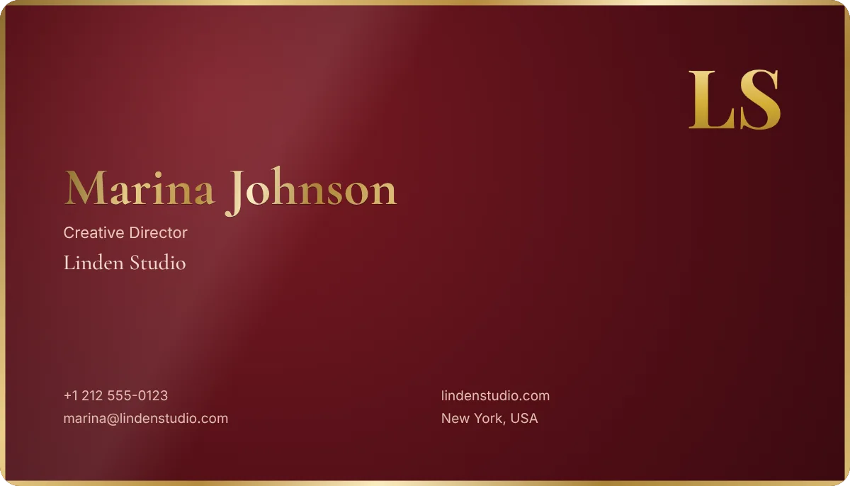Lacquer business card design, front: oxblood lacquer with a gilded edge