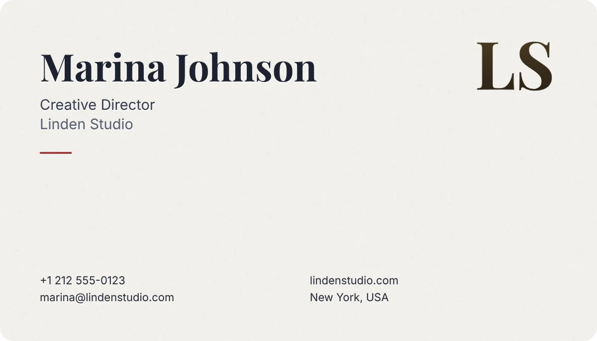 Letterpress business card design, front: ink pressed into cotton paper