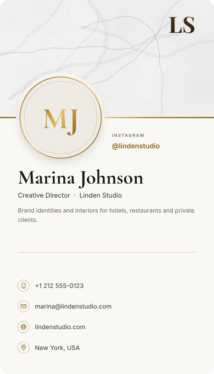 Marble Banner business card design, front: a white marble band, warm white card