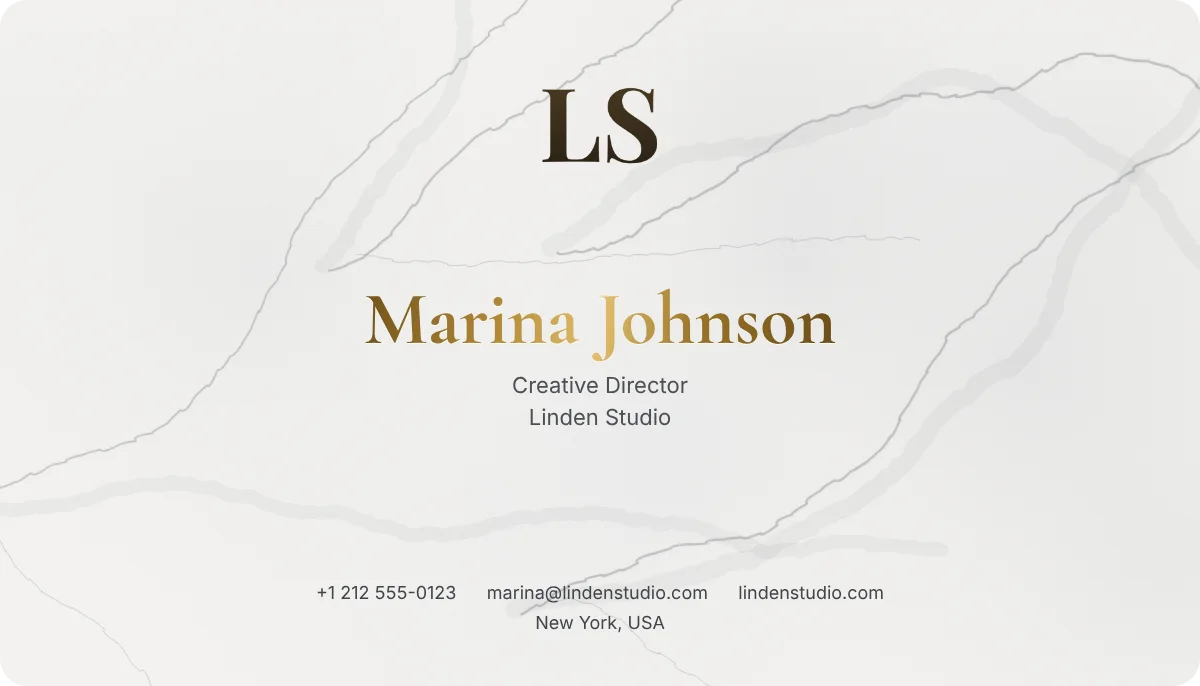 Marble business card design, front: carrara marble, gold foil lettering