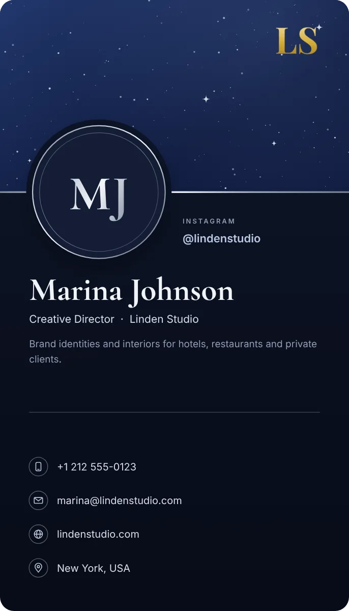 Midnight Banner business card design, front: a starry midnight band, silver details