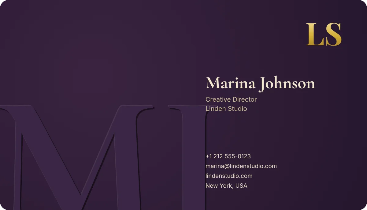 Monogram business card design, front: your initials, embossed large
