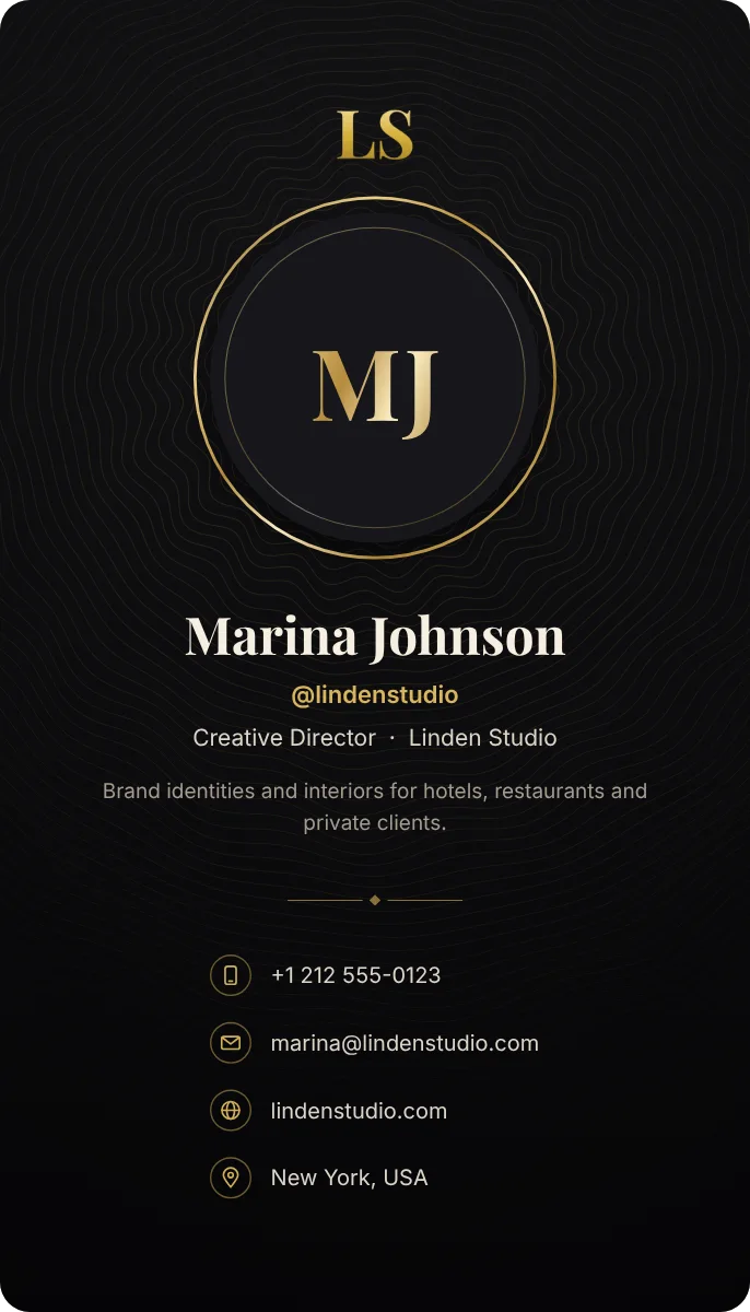 Noir Profile business card design, front: black, a gold guilloché rosette