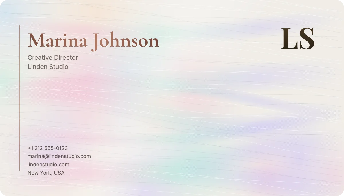 Pearl business card design, front: mother of pearl, rose-gold lettering