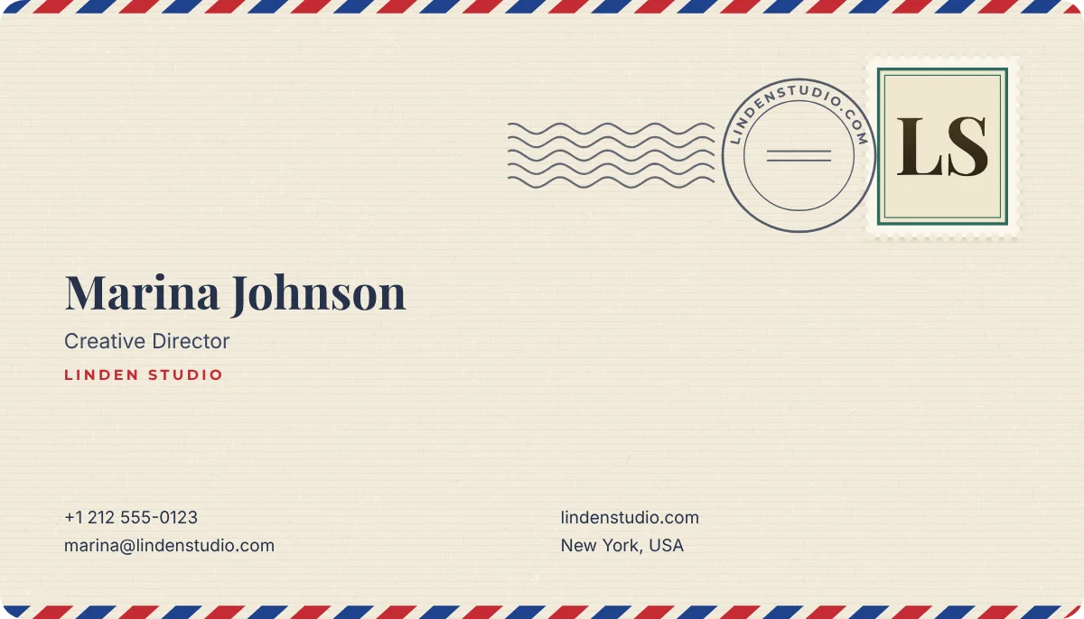 Postmark business card design, front: letter paper, a stamp and a postmark