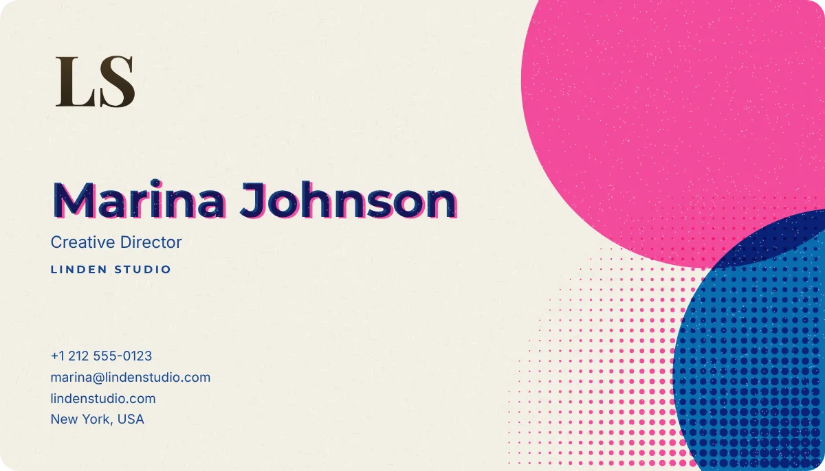 Riso business card design, front: two-color risograph, pink and blue
