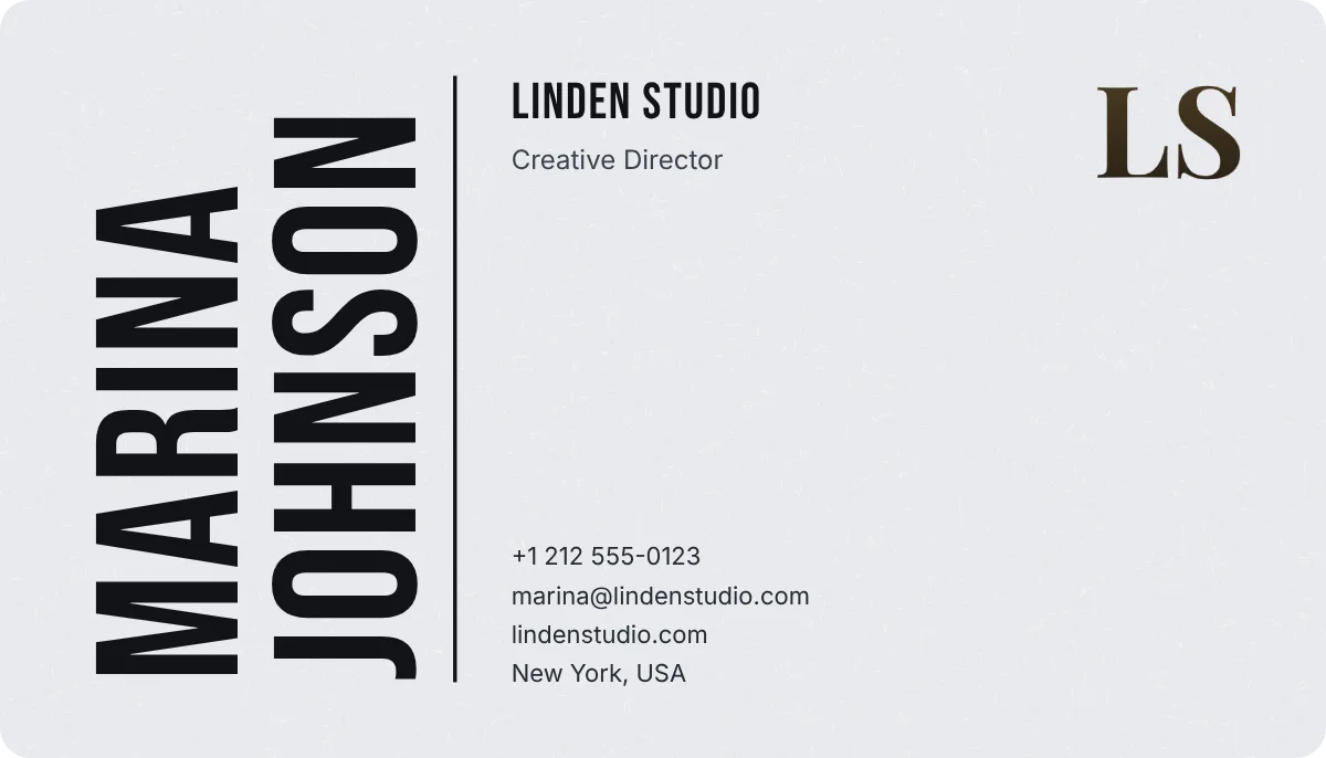 Spine business card design, front: your name set tall along the edge
