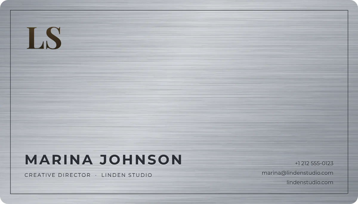 Titanium business card design, front: brushed metal, laser-engraved