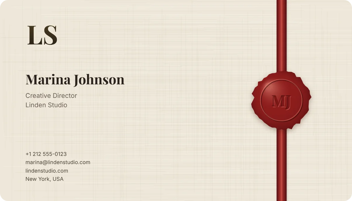 Wax Seal business card design, front: ivory linen, a red wax seal